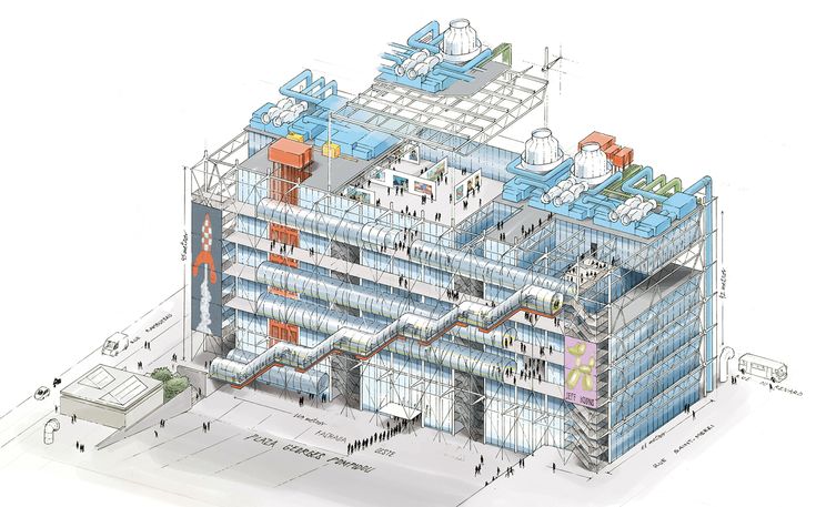 an architectural drawing of a large building with lots of windows and balconies on top