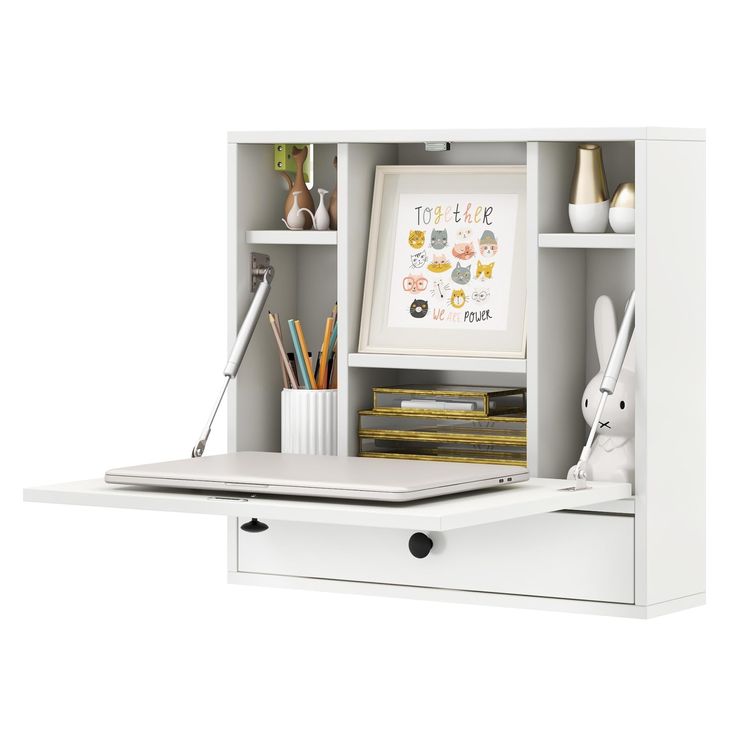 a white desk with an open bookcase on the top and drawers below it, along with other office supplies