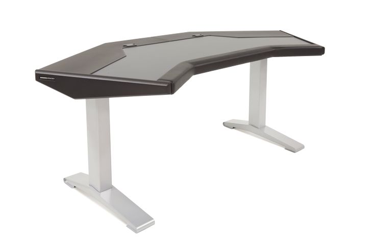 a computer desk with a black top and silver legs on white background, viewed from the front