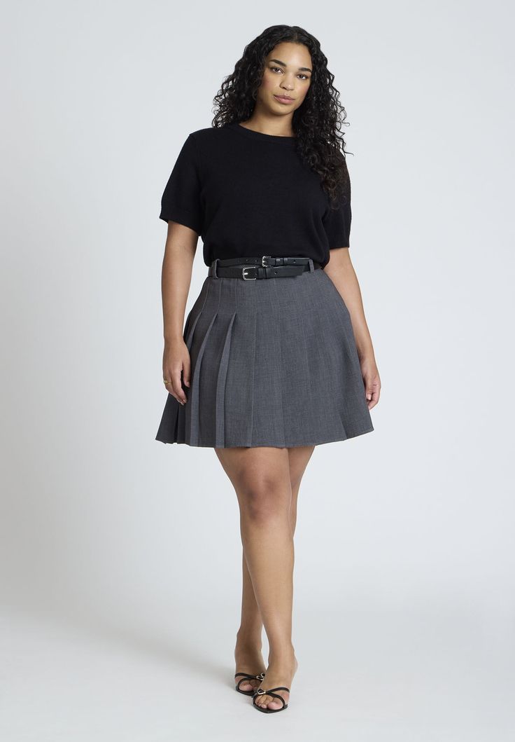 63% Polyester 33% Rayon 4% SpandexEasy fitSide zipperElastic at back waist onlyMini length20 1/2" skirt length on size 18Pleated skirt, belt loopsStitch and Pleated Miniskirt, Wide Waist Belt, Night Out Tops, Miniskirt Outfits, Wide Waist, Skirt Belt, Date Night Dresses, Skirt Leggings, Pleated Mini Skirt