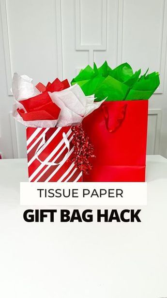 the tissue paper gift bag hack is on display in front of a white door with red and green wrapping