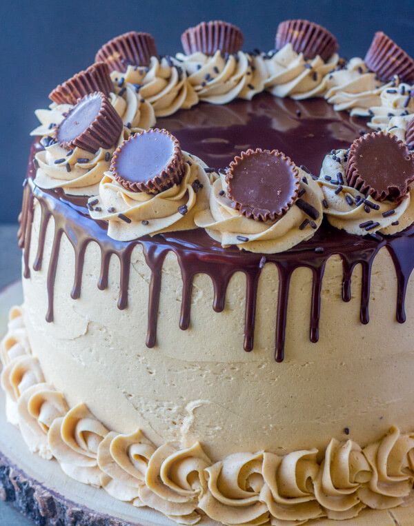 a cake with chocolate and peanut butter frosting