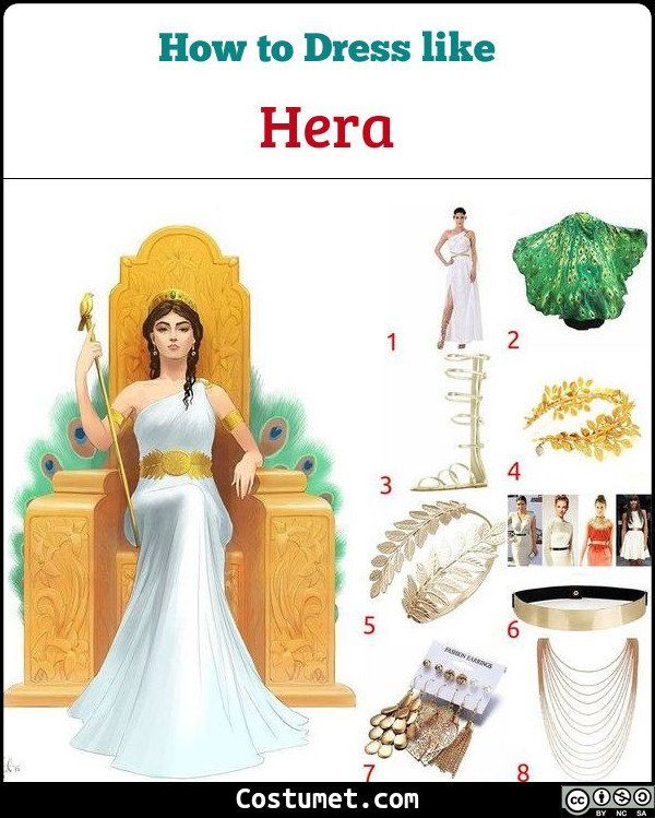 a woman in white dress sitting on a chair with other items around her and the words how to dress like hera