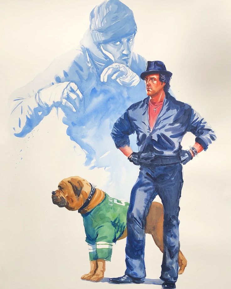 a painting of a man standing next to a dog