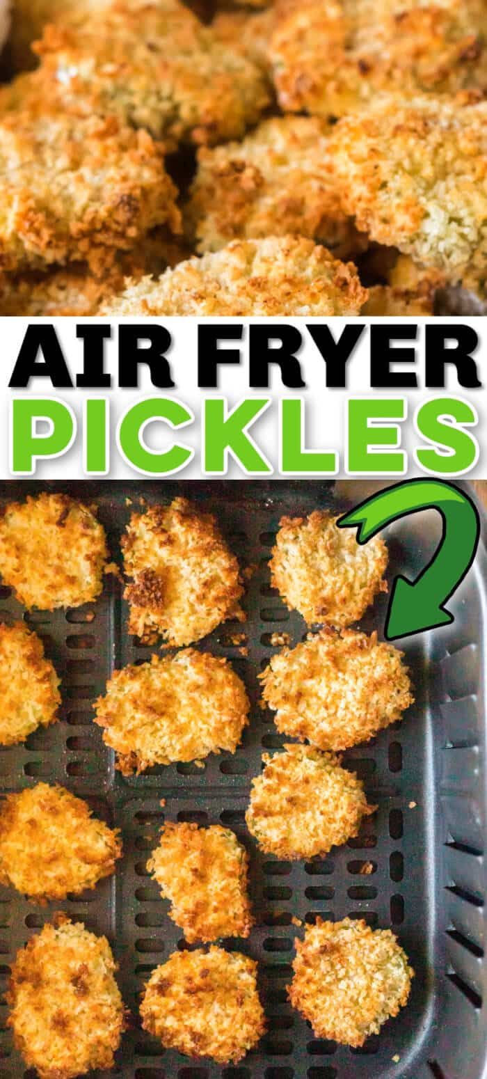 air fryer pickles on a tray with text overlay