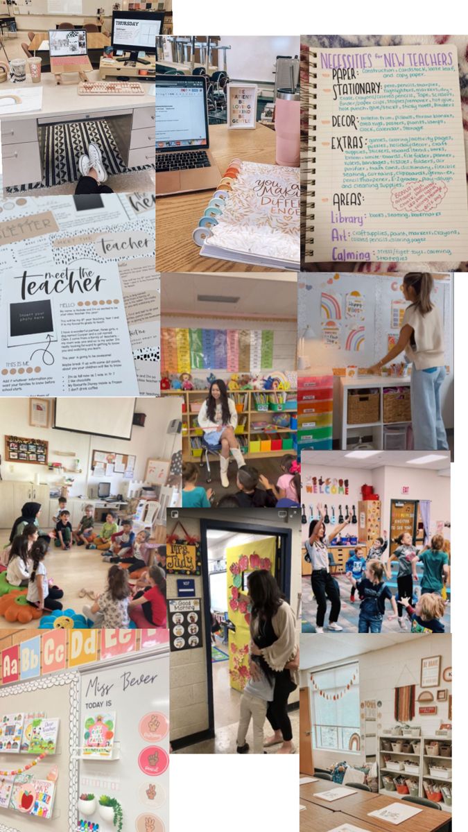 a collage of photos with children and teachers