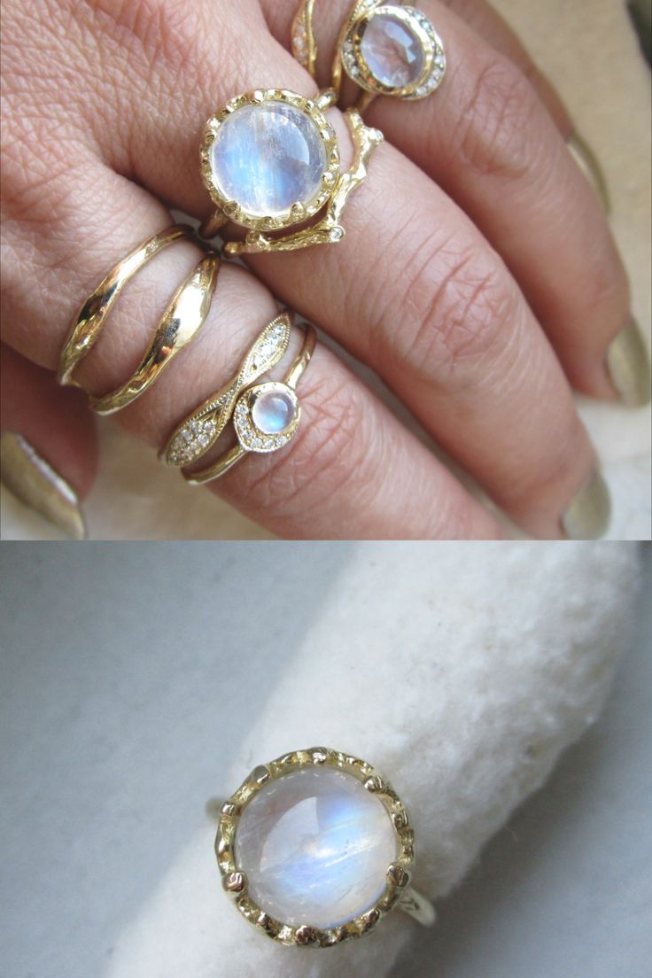 Handcrafted rings inspired by beautiful elements of nature from tree roots to the glowing moon. Through the ancient art of lost-wax casting, each design is meticulously hand-sculpted from wax and undergoes a casting process that solidifies molten metal. #gemstonerings #sapphirering #emeraldring #diamondring #moonstone #opal #birthstone #birthstonejewelry #birthstones #handsculpted #recycledgold #ethicallysourced #goldjewelry #jewelrystore Ethereal Jewelry With Rose Cut Diamonds And Moonstone, Ethereal Moonstone Jewelry With Rose Cut Diamonds, Unique Yellow Gold Moonstone Ring, Ethereal Moonstone Ring, Elegant Cabochon Moonstone Crystal Ring, Elegant Moonstone Cabochon Crystal Ring, Elegant Moonstone Crystal Ring With Cabochon, Yellow Gold Moonstone Ring With Halo, Opal Jewelry With Rose Cut Diamonds