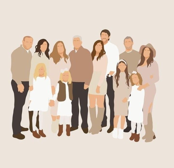 a group of people standing next to each other in front of a white background with the words family on it