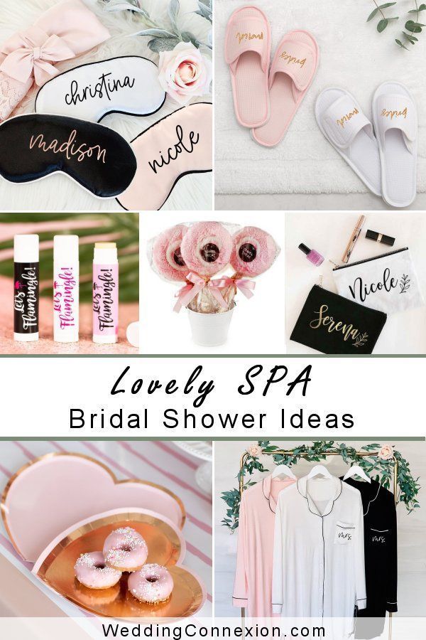 the bridal shower ideas are all in pink, white and black with text that reads lovely spa