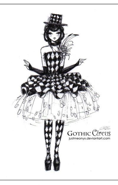 a black and white drawing of a girl in a dress with a top hat on her head