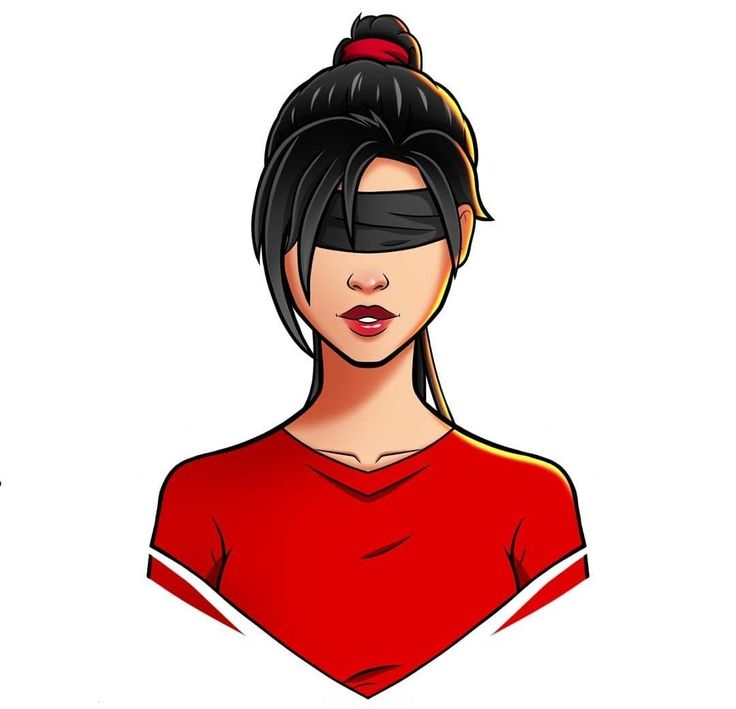 a drawing of a woman with blindfolds on her eyes and hair, wearing a red shirt