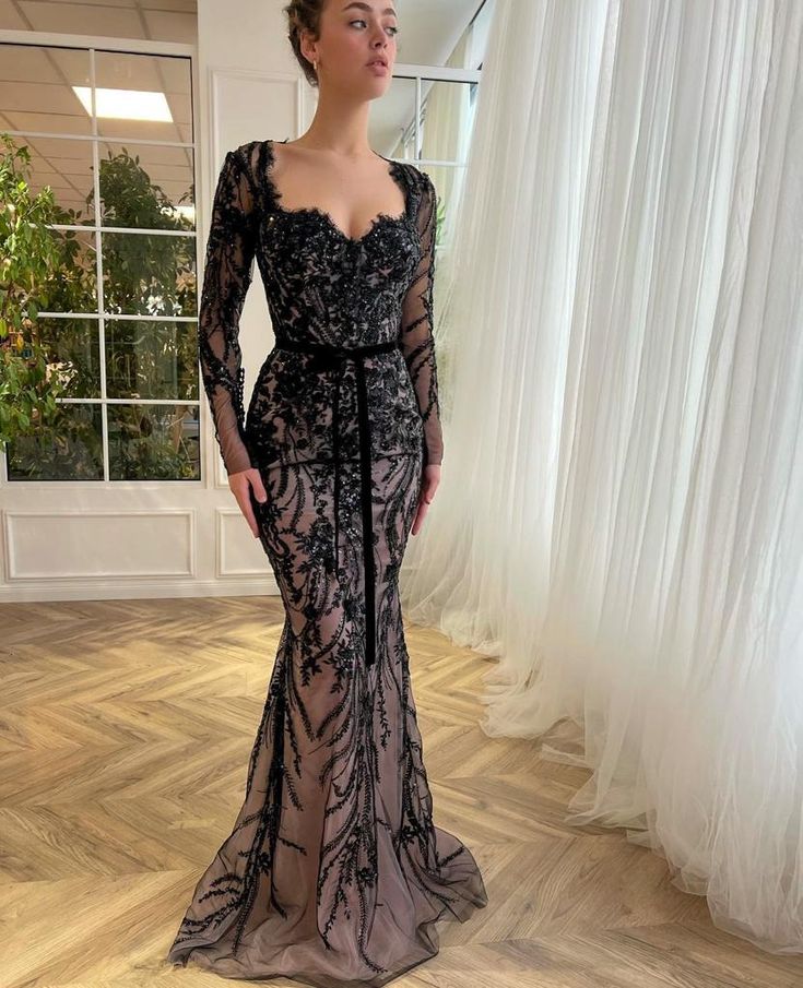 Royal Blooms Radiance Gown | Teuta Matoshi Embroidery On Black, Puff Sleeve Gown, Teuta Matoshi, Exquisite Gowns, Rose Blush, Black Prom, Custom Size Dresses, Lace Evening Dresses, Mermaid Evening Dresses