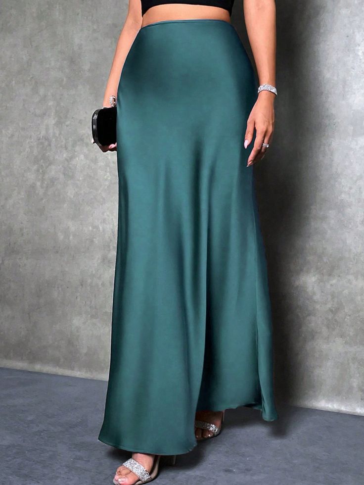 High Waist Solid Maxi Satin Skirt Cadet Blue Casual   Woven Fabric Plain  Non-Stretch  Women Clothing, size features are:Bust: ,Length: ,Sleeve Length: Bodycon Maxi Skirt, Black Satin Skirt, Skirt Elegant, Skirt Maxi, Women Skirts, Elegant Skirt, Mermaid Skirt, Satin Maxi, Satin Skirt