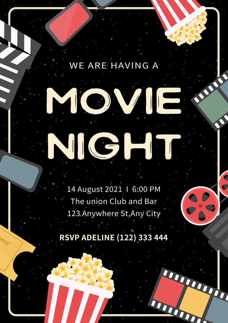 a movie night party flyer with popcorn, movies and clapsticks on the black background