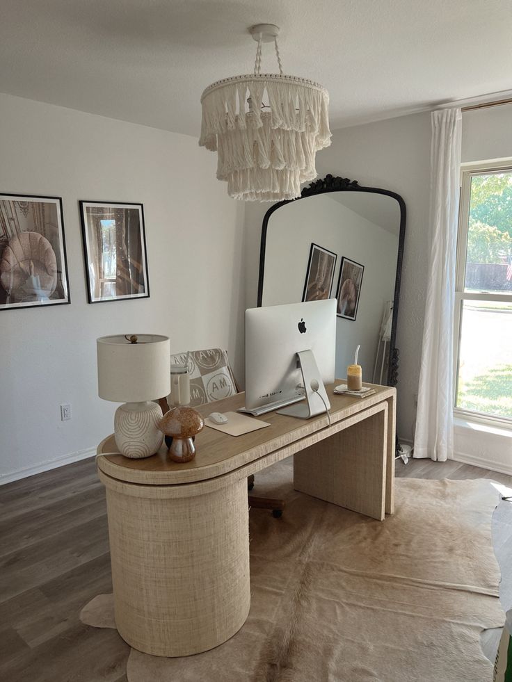 home office, neutral home office, aesthetic, blogger office Women’s Home Office Aesthetic, Beige Home Office Aesthetic, Neutral Boho Home Office, Organic Modern Office Desk, Desk Asthetic Picture, Home Office Inspo Modern, Home Studio Office Ideas, Modern Aesthetic Office, His And Hers Shared Office