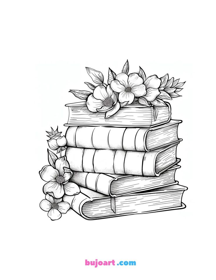 a stack of books with flowers on top