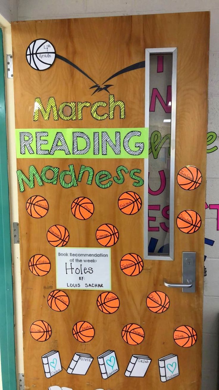 a door decorated with basketballs and words that read march reading & mathess's