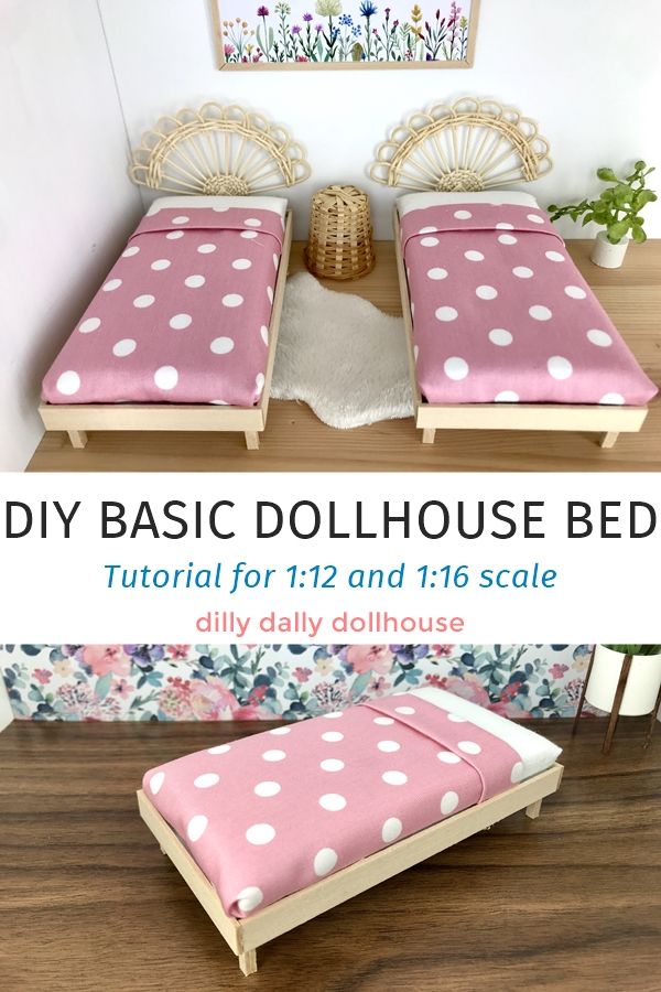 the diy basic dollhouse bed is made from wood and has pink polka dots on it