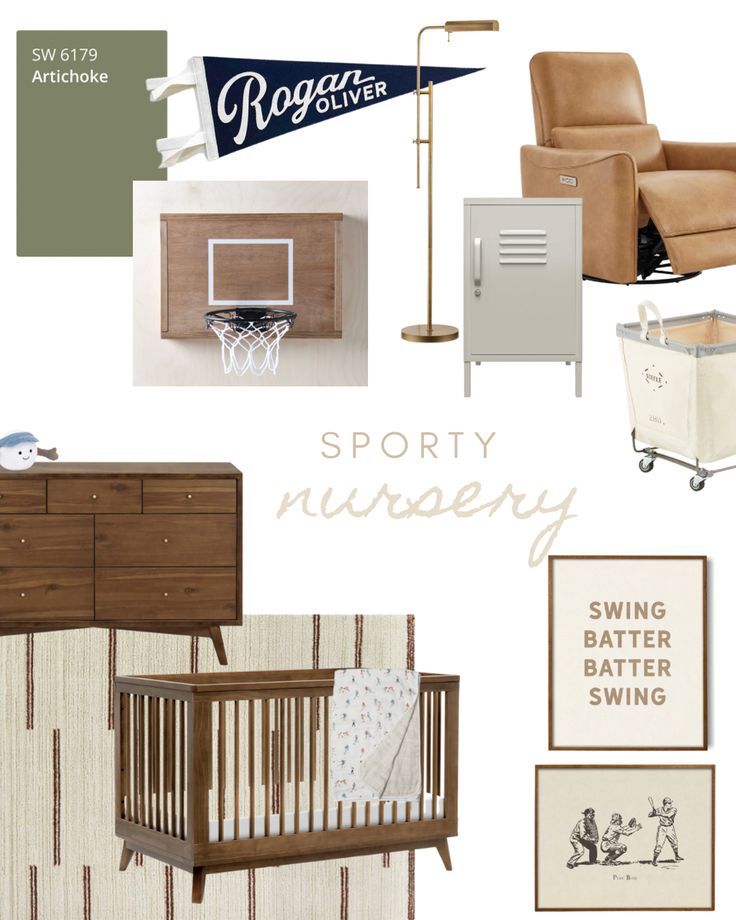 a baby's nursery room is shown with furniture, decor and other things in it