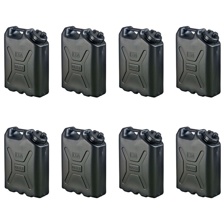 six black jerry canisters sitting side by side