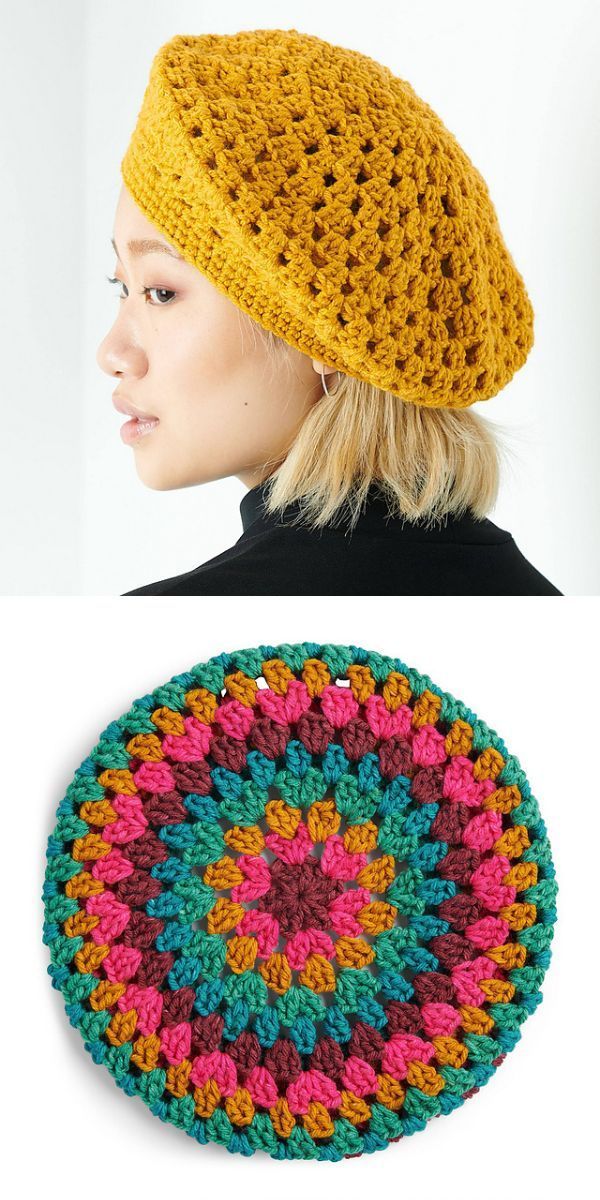 a woman wearing a crochet hat with the words granny square beret on it