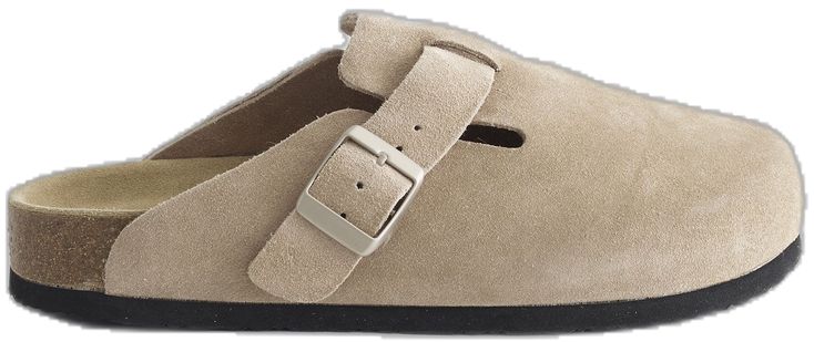 Casual Suede Mules With Cork-bed Midsoles, Casual Beige Suede Clogs, Beige Suede Casual Clogs, Beige Suede Mules With Textured Footbed, Casual Cork Slides With Round Toe, Casual Suede Mules With Buckle Closure, Casual Slip-on Cork Clogs, Casual Cork Slip-on Clogs, Casual Suede Mules For Outdoor