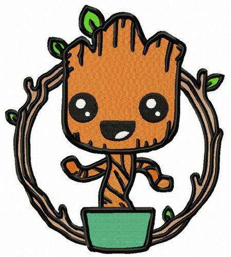 a cartoon baby groote sitting on top of a potted plant in a circle