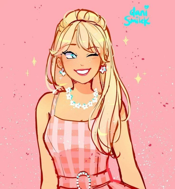 a drawing of a blonde girl with blue eyes and long hair wearing a pink dress