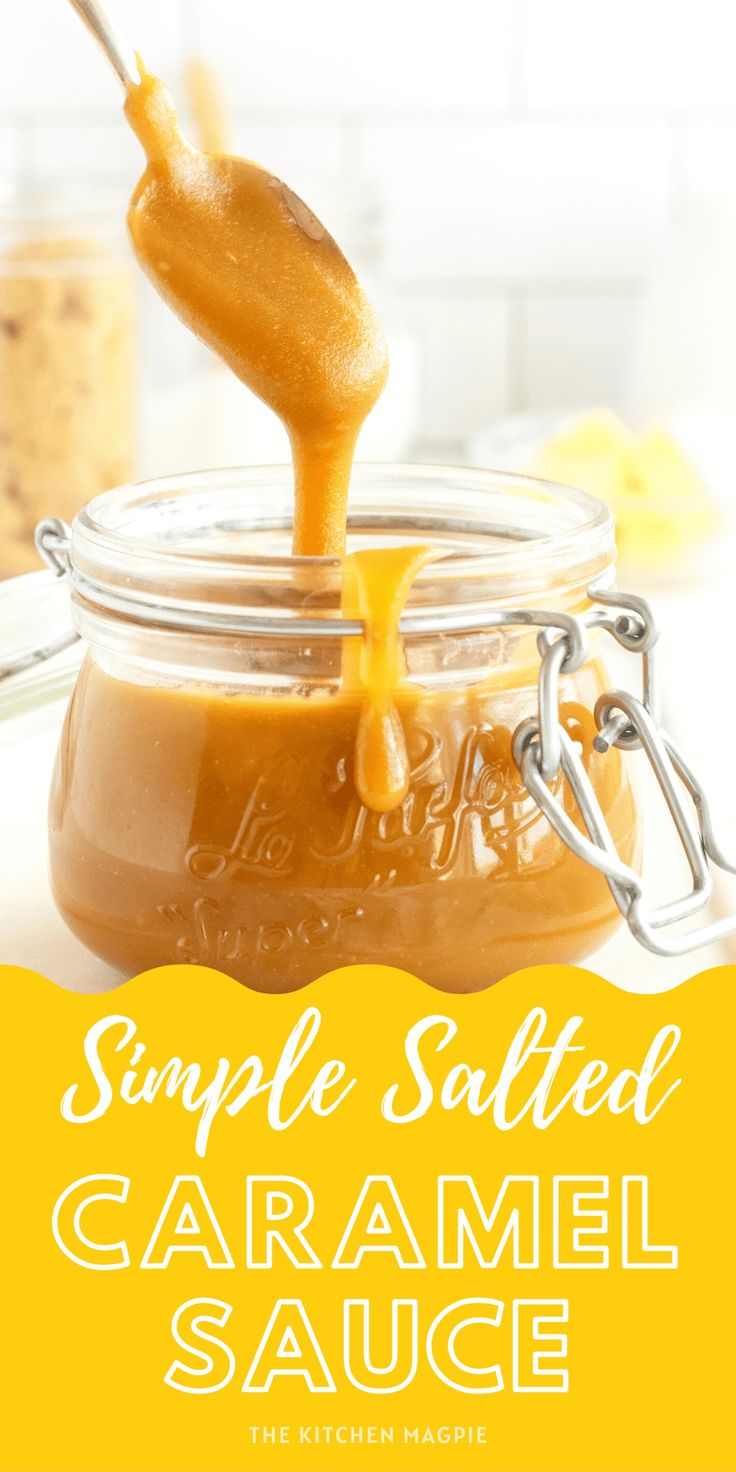 a jar filled with caramel sauce sitting on top of a table