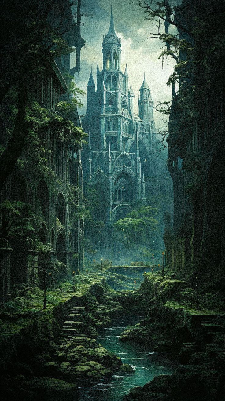 an image of a fantasy castle in the middle of the forest with water running through it