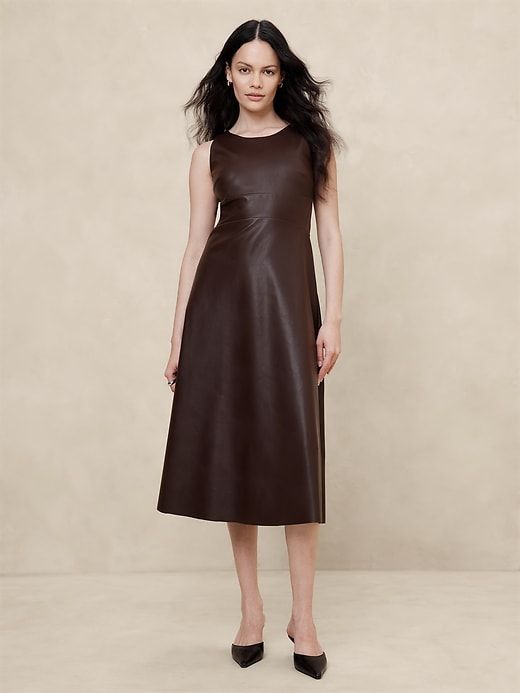 Vegan Leather Paneled Midi Dress | Banana Republic Factory Fitted A-line Leather Dress, Sleek Leather Workwear Dress, Sleek Leather Dresses For Workwear, Sleek Leather Dress For Work, Sleek Leather Dress For Fall, Sleeveless Leather Evening Dress, Brown Leather Dress For Night Out, Elegant Leather Midi Dress, Chic Brown Leather Dress