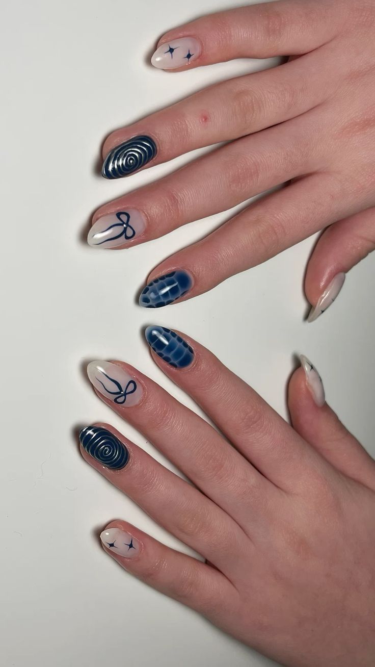 Cool Blue Nail Designs, Blue Inspo Nails, Cute Nail Designs Back To School, Nails Design 2024, Nail Blue Design, Cool Nail Inspo 2024, Nail Art 2024, Blue And Red Nails, Nails Inspo Blue