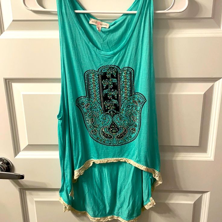 Never Worn Super Cute! Bead Detail Poshmark Clothes, Blue V-neck Tops With Tassels, Blue Hippie V-neck Top, Mermaid Tank Top, Bohemian V-neck Tank Top For Beach, Bohemian Peacock Pendant Necklace, Super Cute, Elephant, Womens Tops