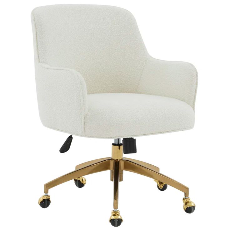 a white office chair with gold wheels and casteors on an isolated white background, viewed from the front