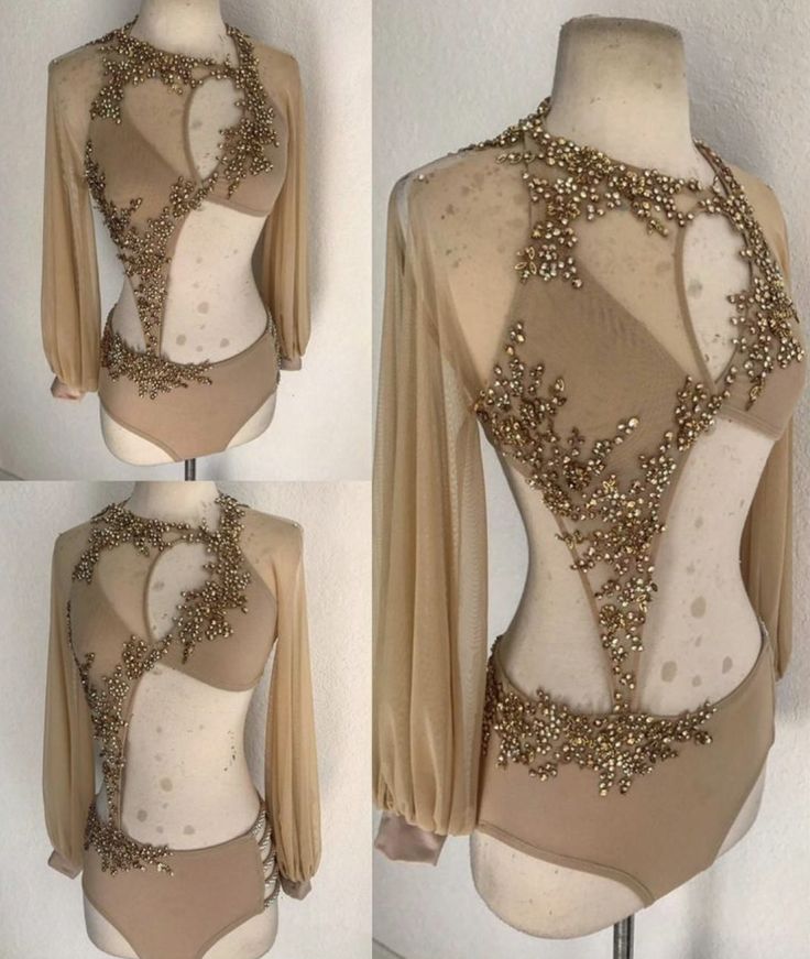 three different views of a woman's leotard and bodysuit with gold sequins