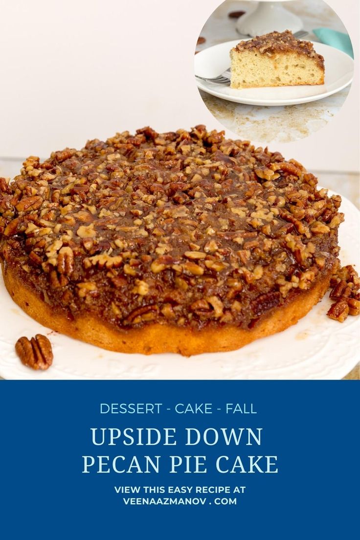 desert cake - fall upside down pecan pie cake on a white plate with blue border