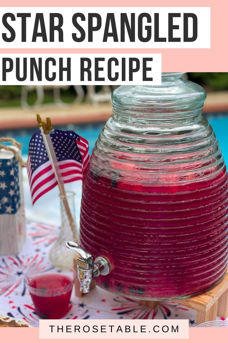 a patriotic picnic table set up by the pool with an american flag napkin, pie and watermelon juice