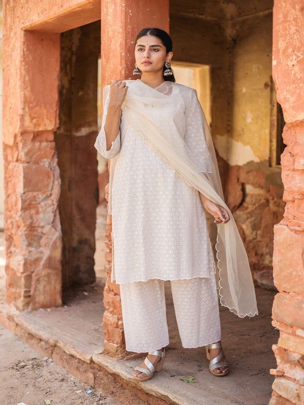 Classic Nude Cotton Chikan Kurta Set (Set of 3) By Gulabo Jaipur now available at Trendroots