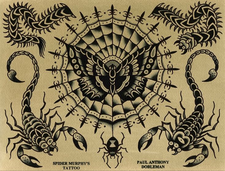 an intricate tattoo design with scorpions on it