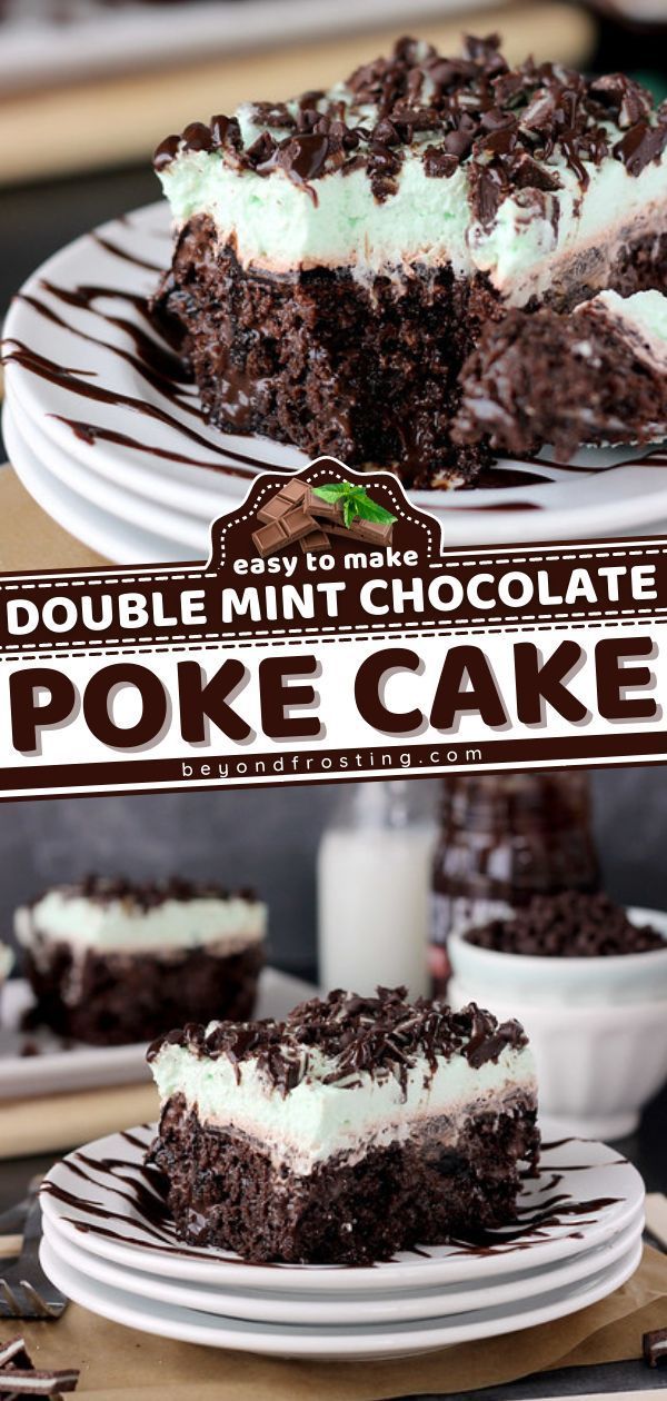 double mint chocolate poke cake on a white plate with the title overlaying it