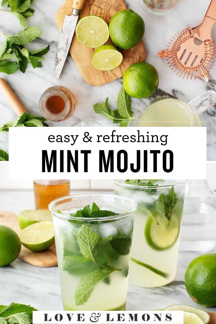 two glasses filled with mint mojito next to limes and sliced lemons