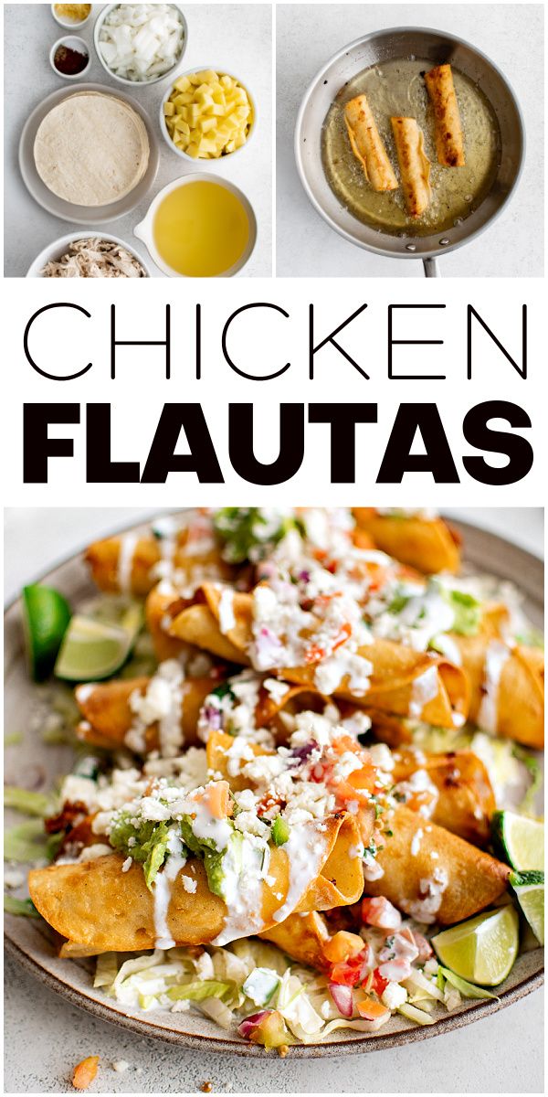 the chicken flauas recipe is shown in this collage with different dishes and ingredients