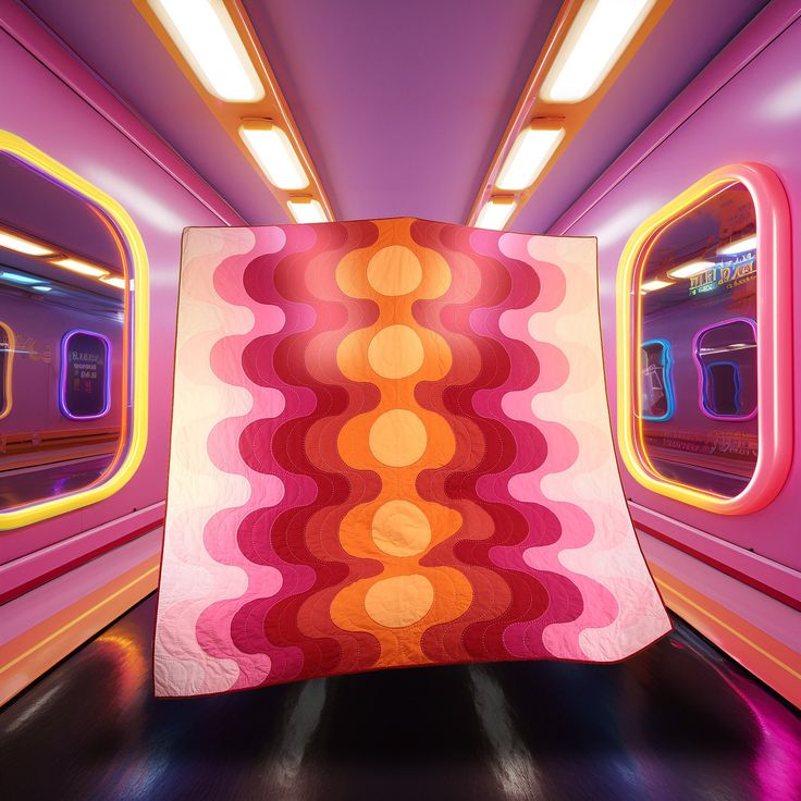 the inside of an airplane with lights on and a large blanket hanging from the ceiling