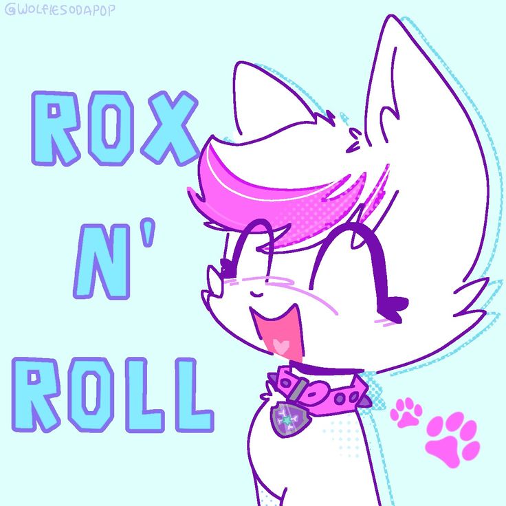 a cartoon cat with pink hair and glasses on it's face, next to the words rox n'roll