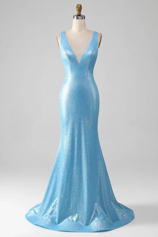 V-neck Mermaid Dress For Party Season, Blue V-neck Mermaid Dress For Gala, Shimmer V-neck Evening Dress For Gala, Glitter V-neck Evening Dress For Gala, Sequined V-neck Mermaid Dress For Night Out, Glamorous Party Mermaid Dress With V-neck, V-neck Mermaid Dress With Sequins For Night Out, Light Blue V-neck Party Evening Dress, Light Blue Mermaid Dress For Prom