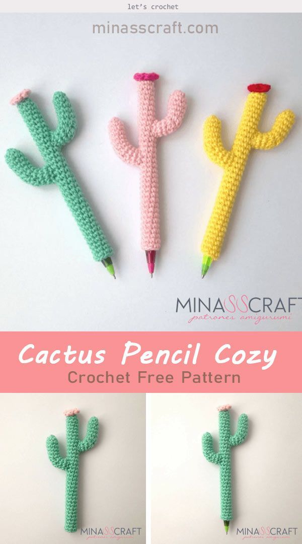 crochet cactus pencils are shown in three different colors, one is yellow and the other is pink