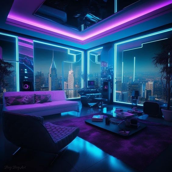 a living room filled with furniture and purple lighting