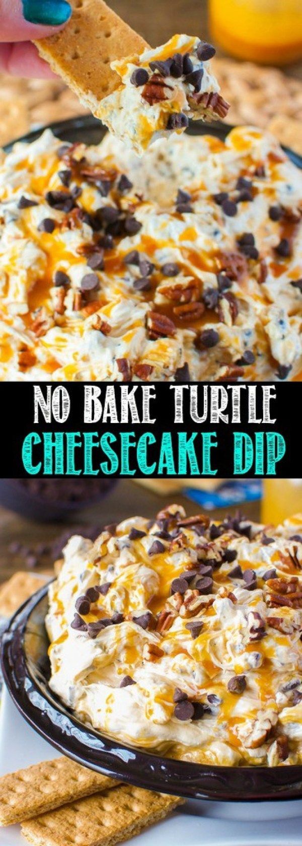 no bake turtle cheesecake dip with crackers