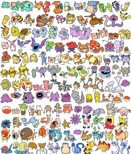 a large group of cartoon characters with different colors and sizes, all on white background