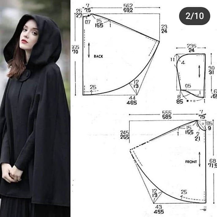 a woman wearing a black cloak with hood on her head and measurements for the cape